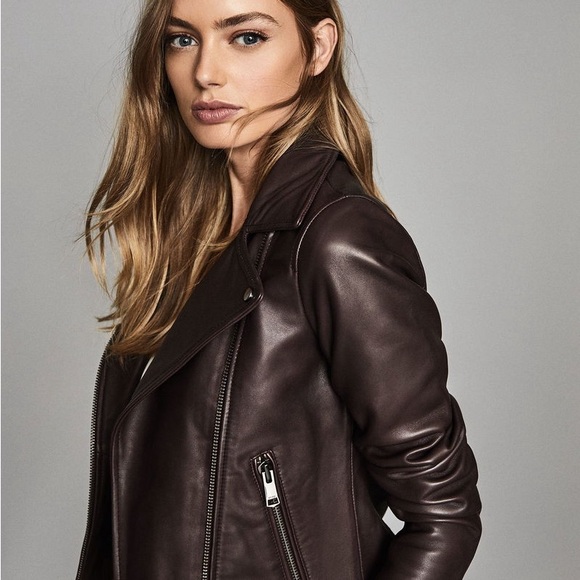 Reiss Geo Leather Jacket in Oxblood - Picture 2 of 13